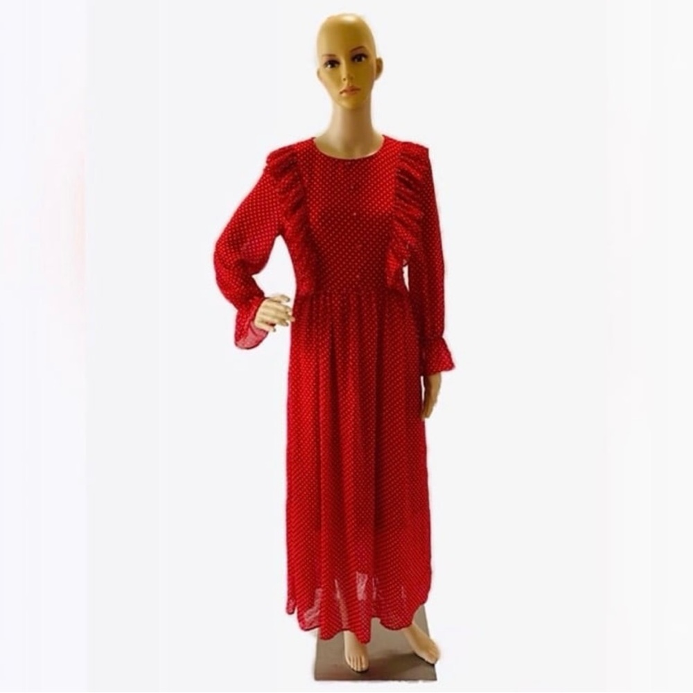Elegant Long Sleeve Red Chiffon Pin Dot Ruffle Maxi Dress